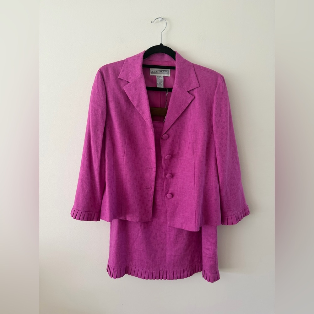 Vintage Linen Blend Polka Dot Feminine Spring Blazer Skirt Set (2) Womens 14